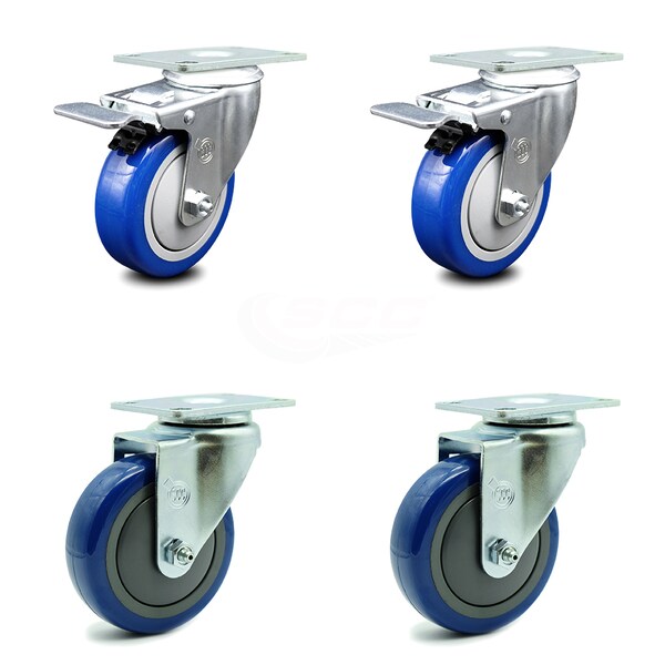 4 Inch Blue Polyurethane Wheel Swivel Top Plate Caster Total Lock Brakes, 2PK